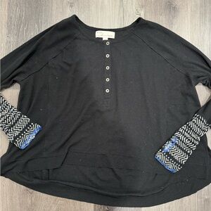 Vintage Havana Black and Blue Embellished 3/4 Sleeve Blouse